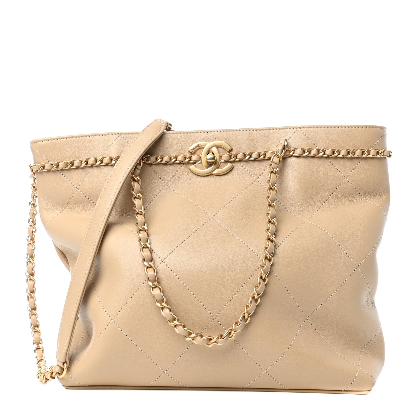 Calfskin Stitched Small Shopping Tote Dark Beige