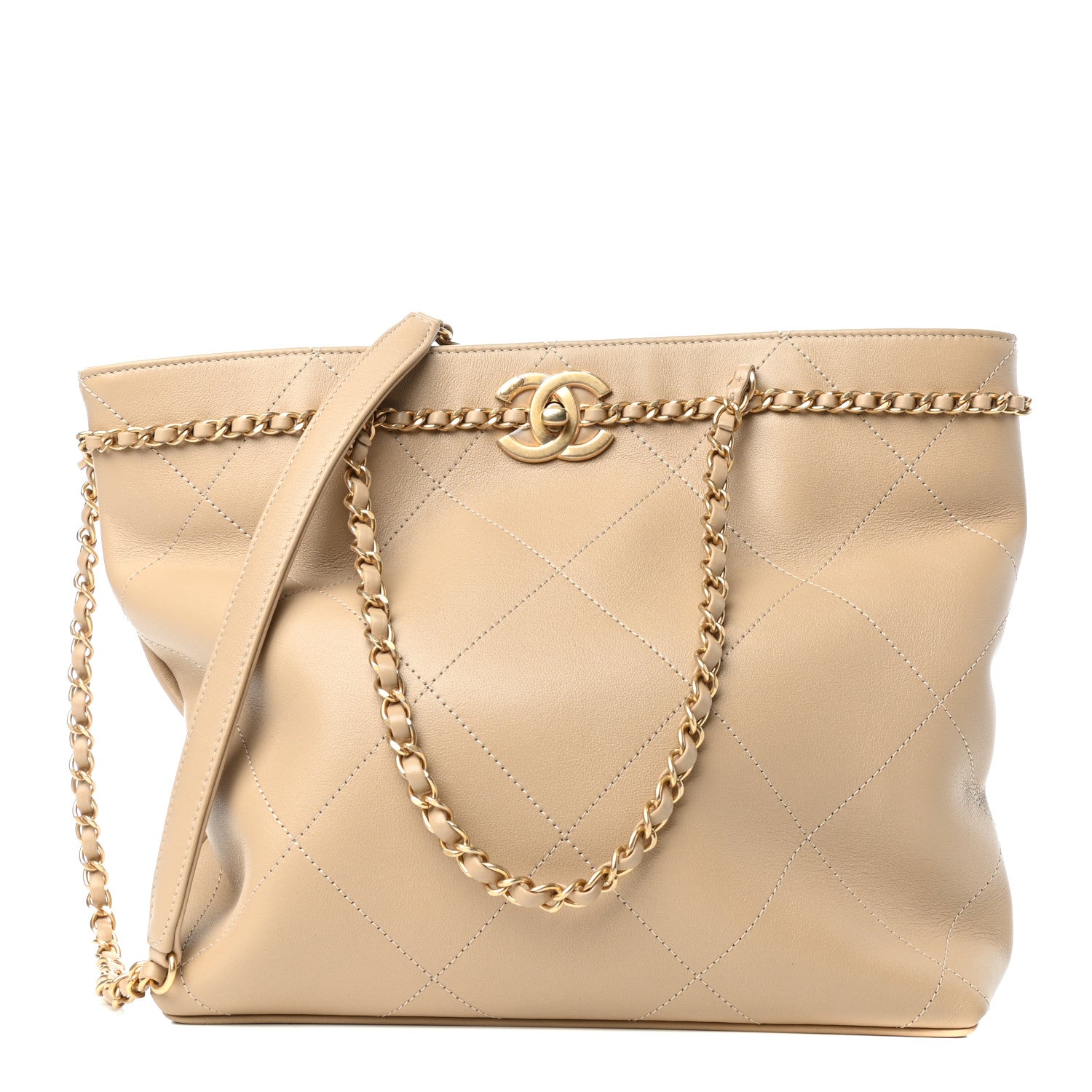 Chanel Calfskin Stitched Small Shopping Tote Dark Beige 1 of 11