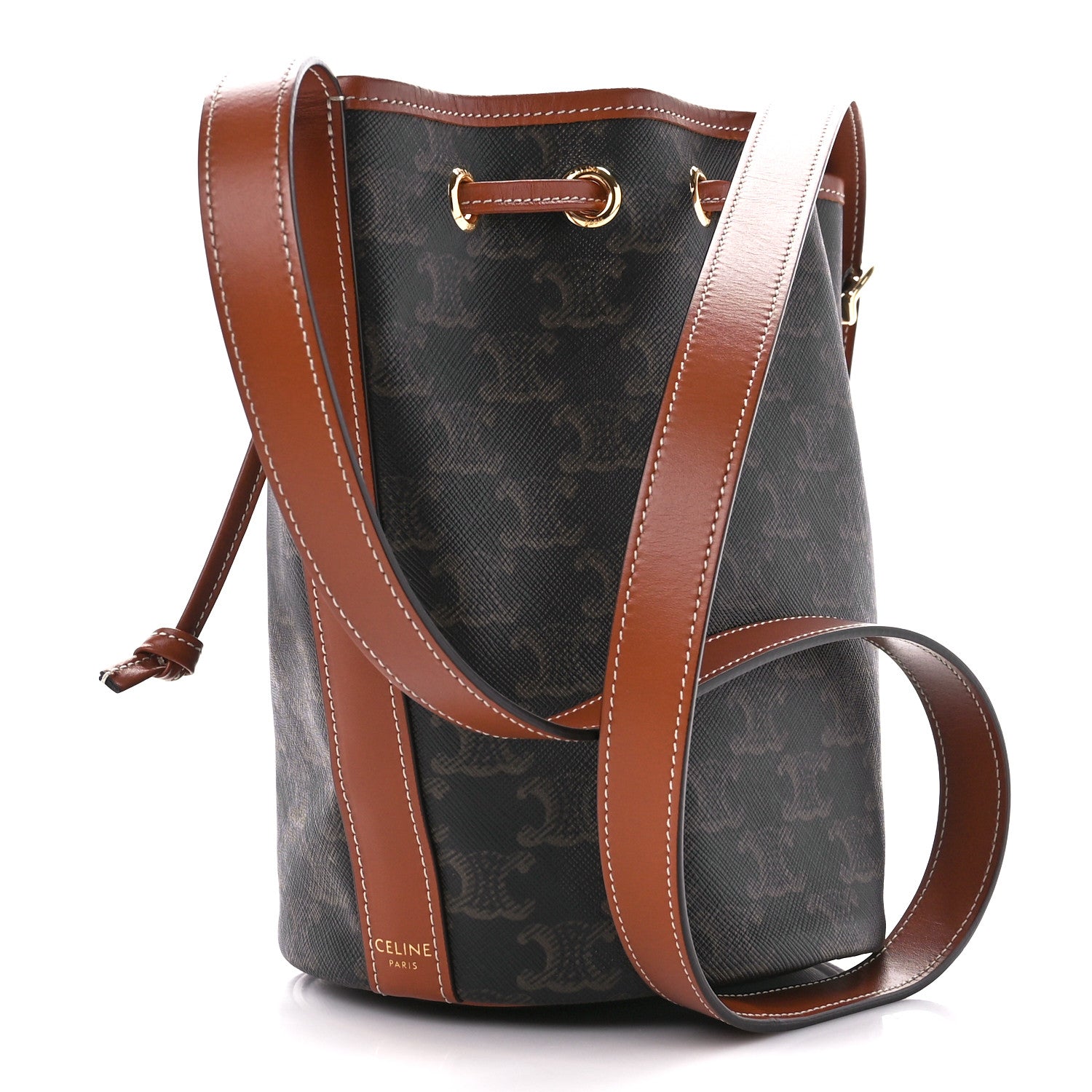 Celine Triomphe Canvas Calfskin Small Drawstring Bucket Bag Tan 3 of 11