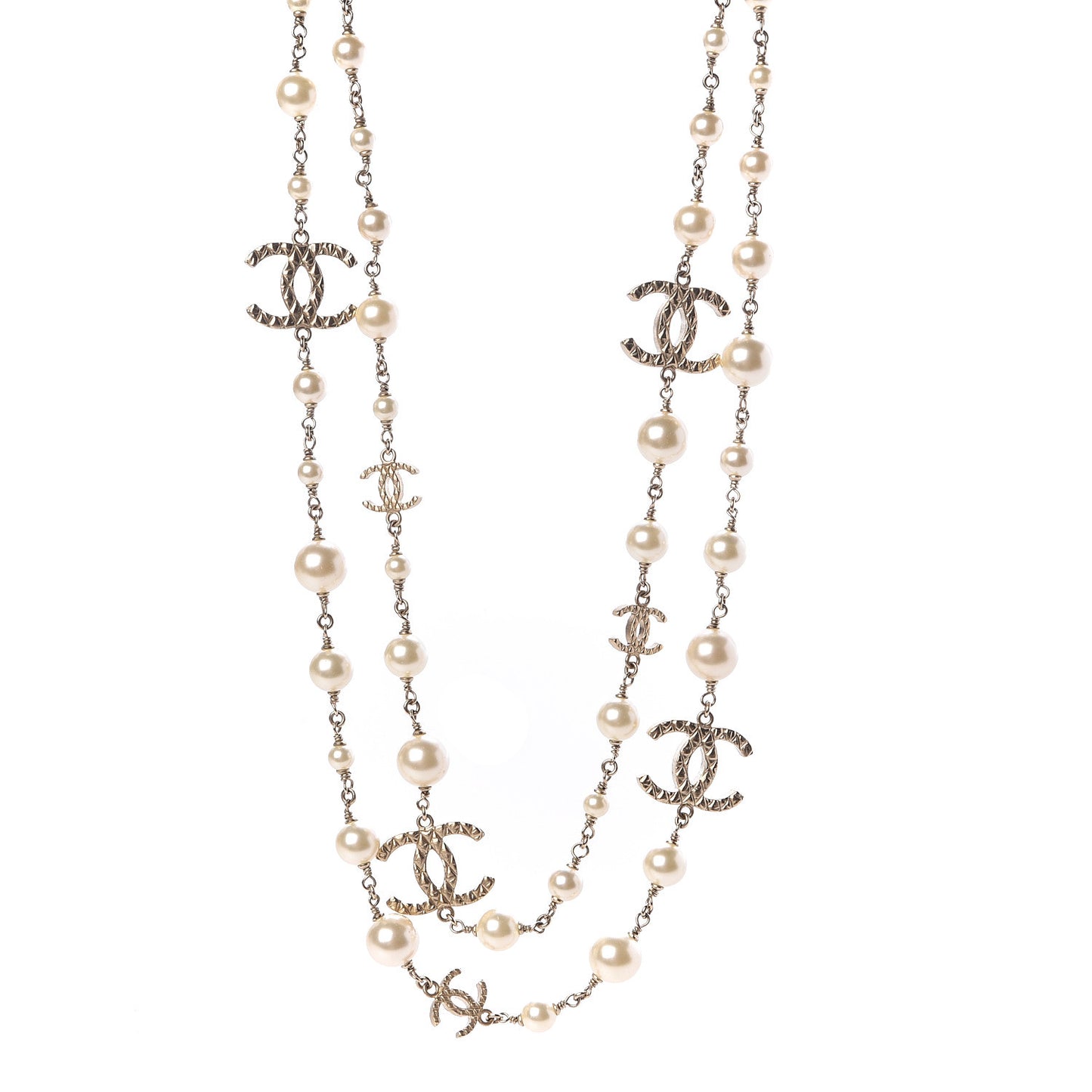 Pearl Bead Crystal CC Long Necklace Gold
