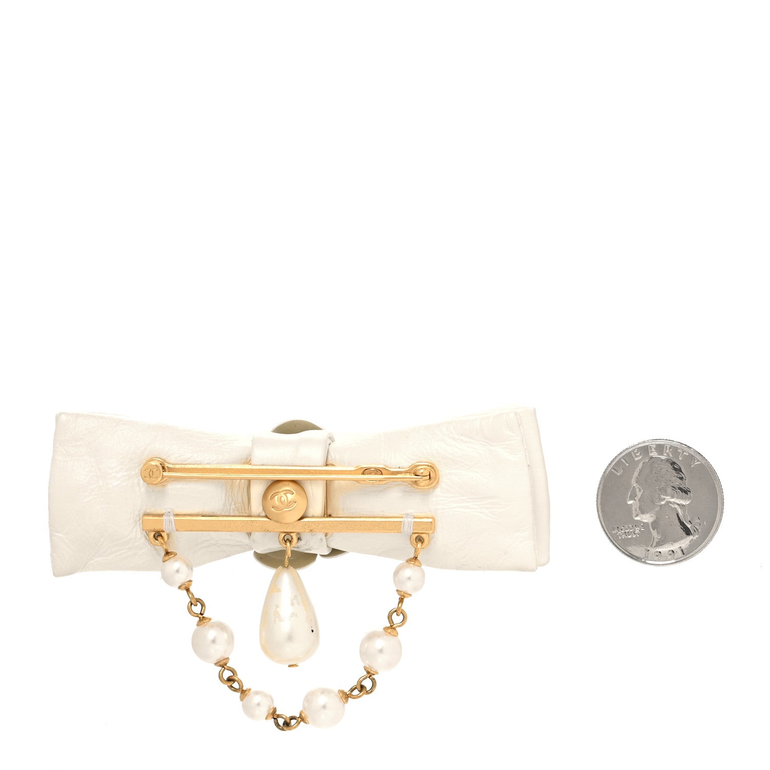 Chanel Metal Pearl Camelia CC Bow Brooch White Gold 2 of 5