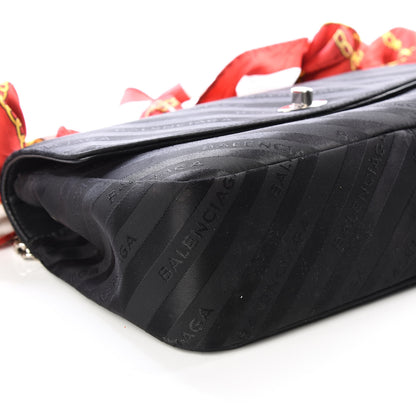 Balenciaga Nylon Jacquard Diagonal Logo Medium Scarf Lock Chain Shoulder Bag Black Red 5 of 11