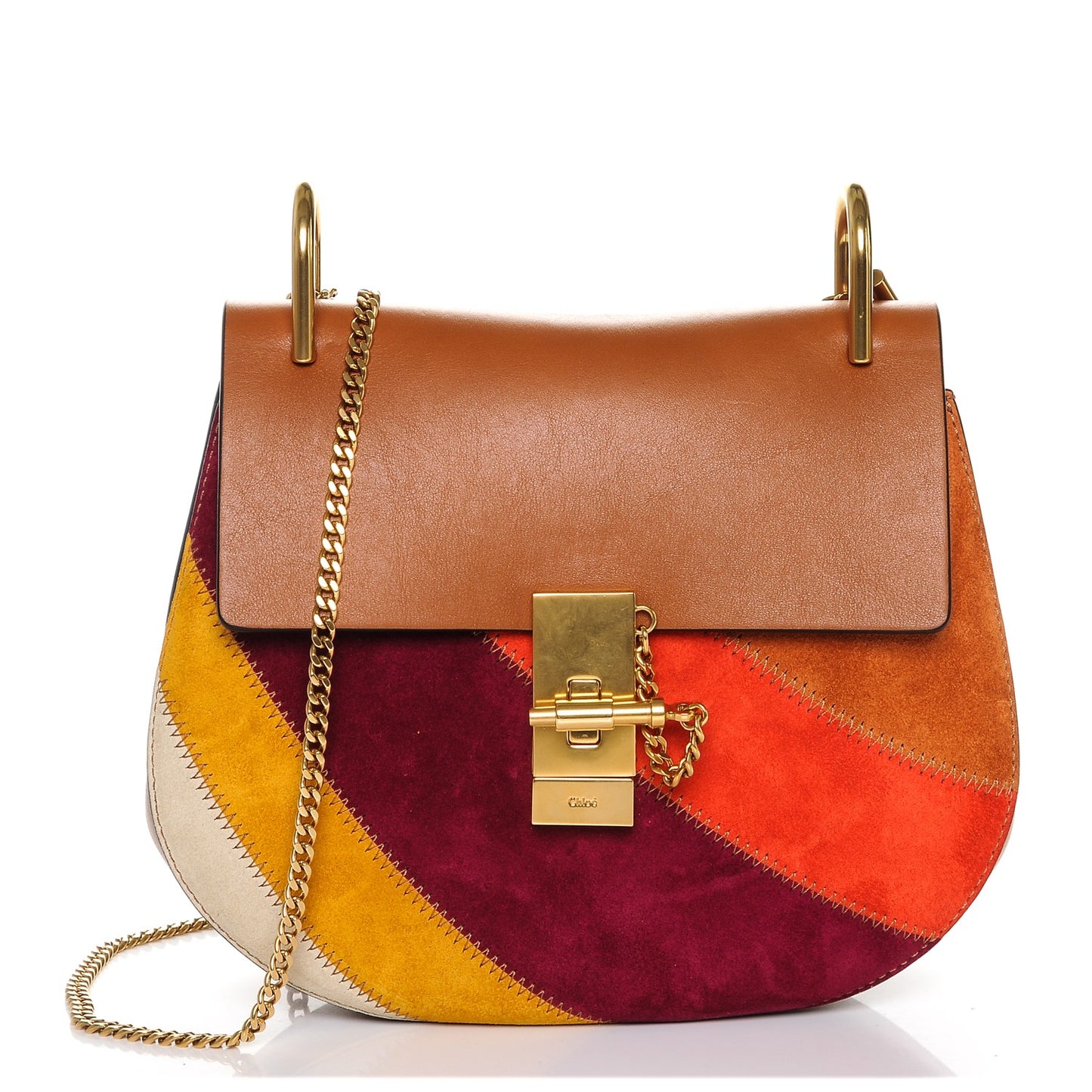Calfskin Suede Rainbow Patchwork Drew Shoulder Bag Caramel