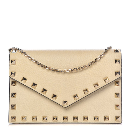 Valentino Garavani Pebbled Calfskin Rockstud Envelope Wallet on Chain Light Ivory 1 of 10
