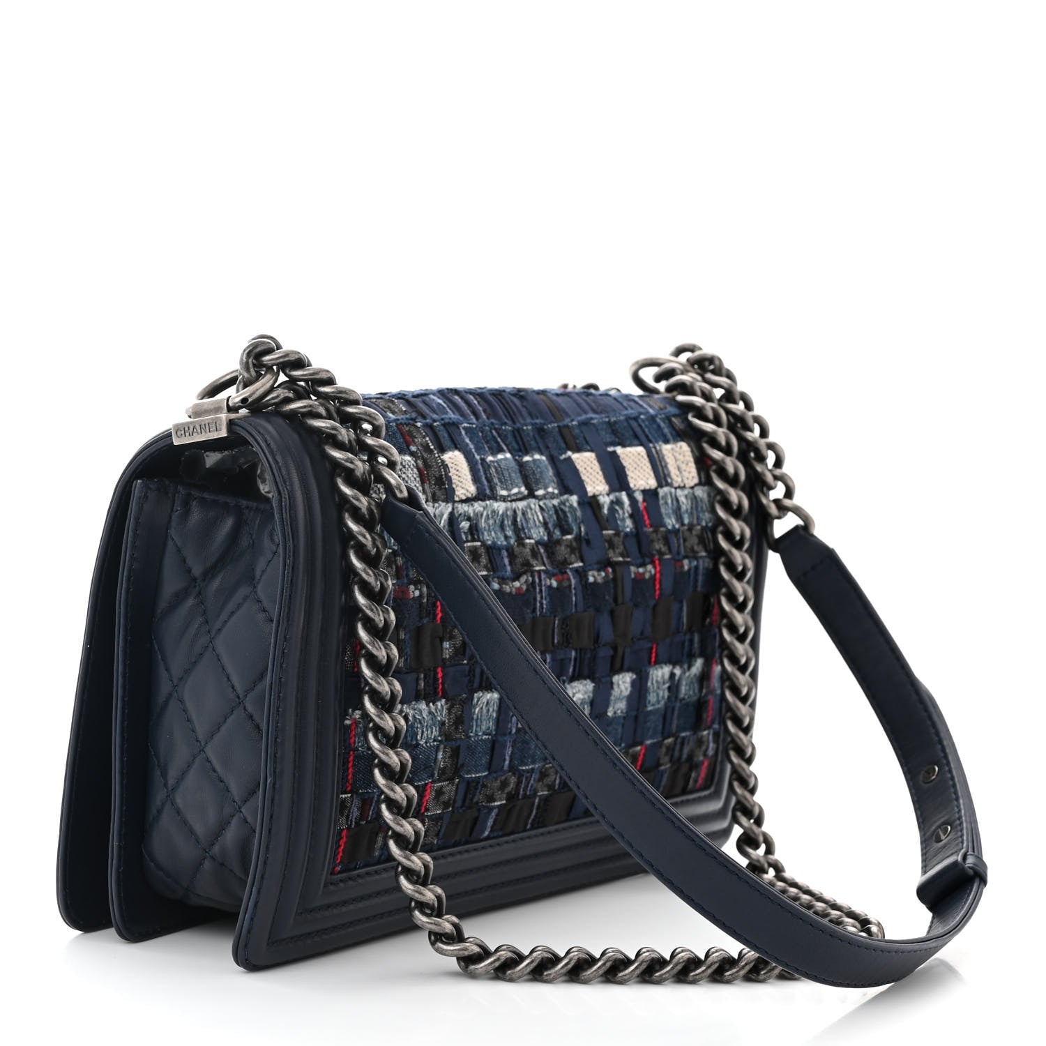Chanel Lambskin Denim Tweed Medium Enchained Boy Flap Navy Blue 3 of 12