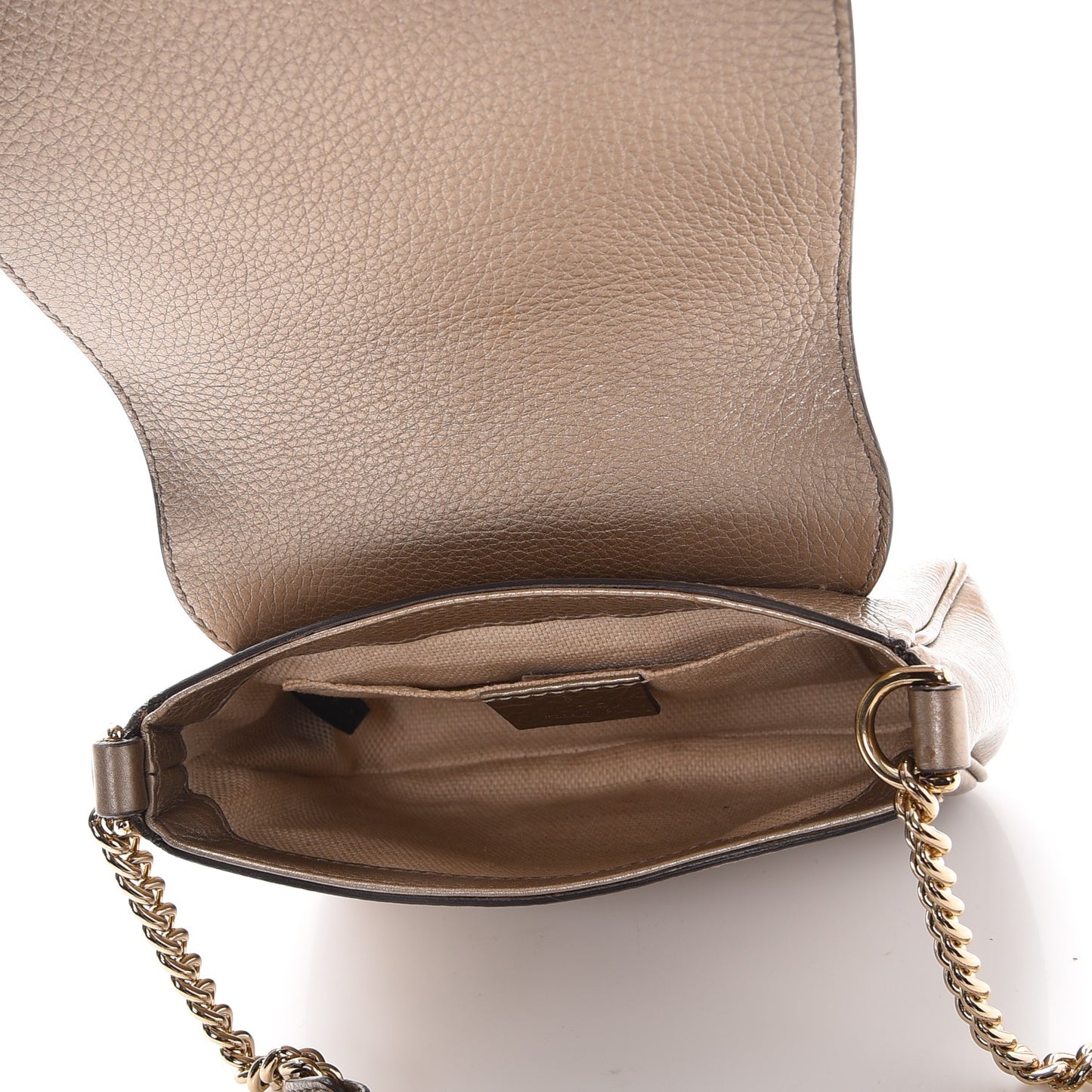 Metallic Pebbled Calfskin Small Soho Flap Crossbody Golden Beige