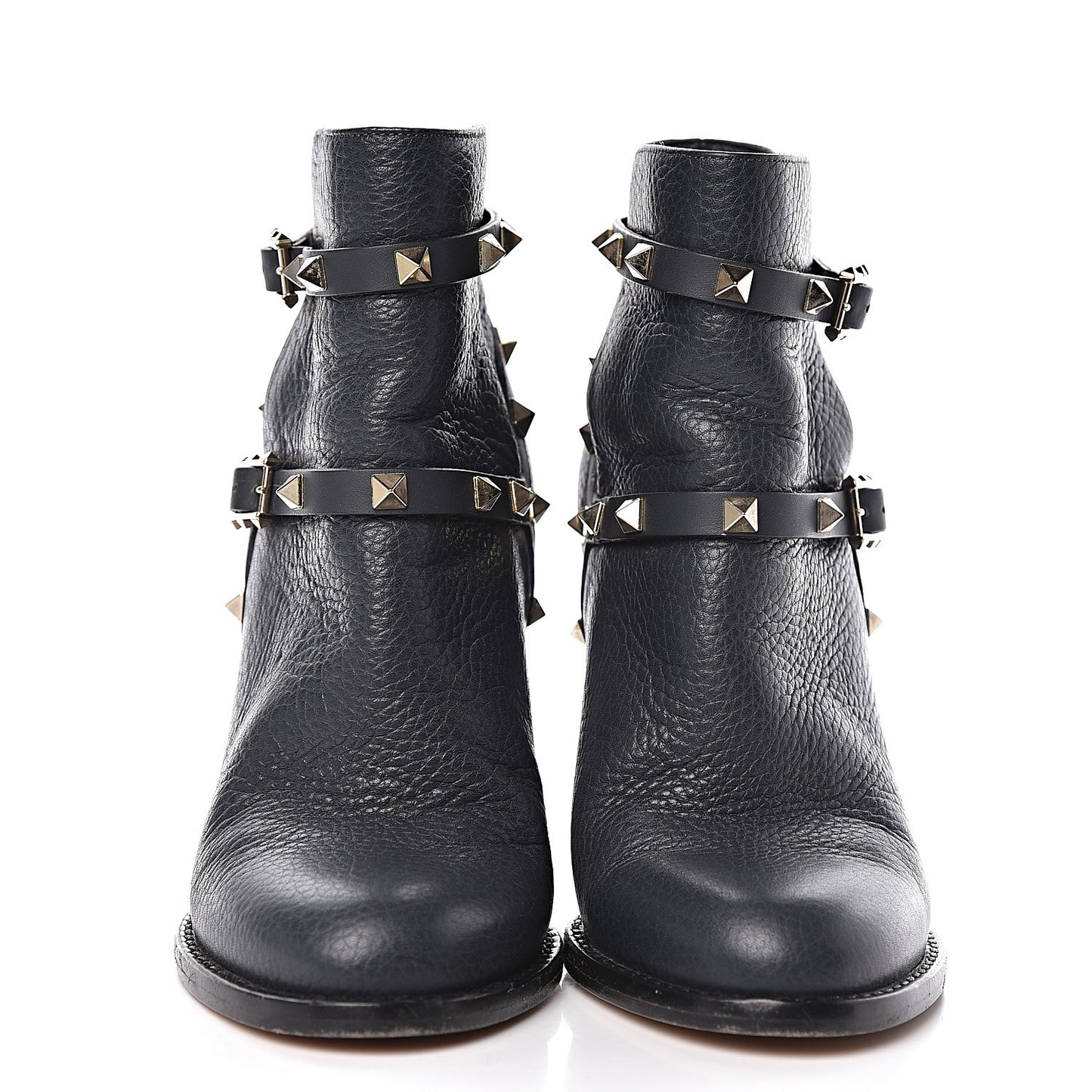 Pebbled Calfskin Rockstud Double Buckle 100mm Block Heel Ankle Boots 36.5 Grey