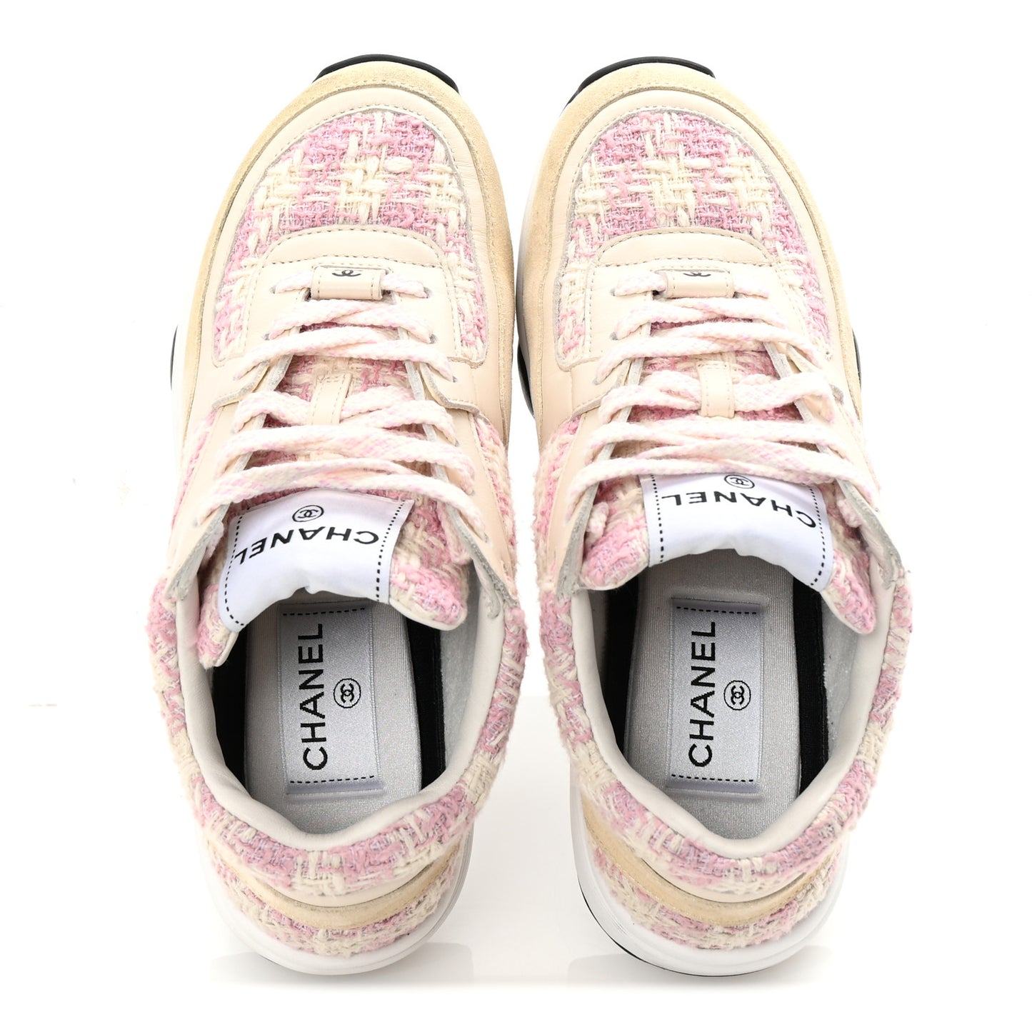 Tweed Suede Calfskin Womens CC Sneakers 35 Pink Ecru