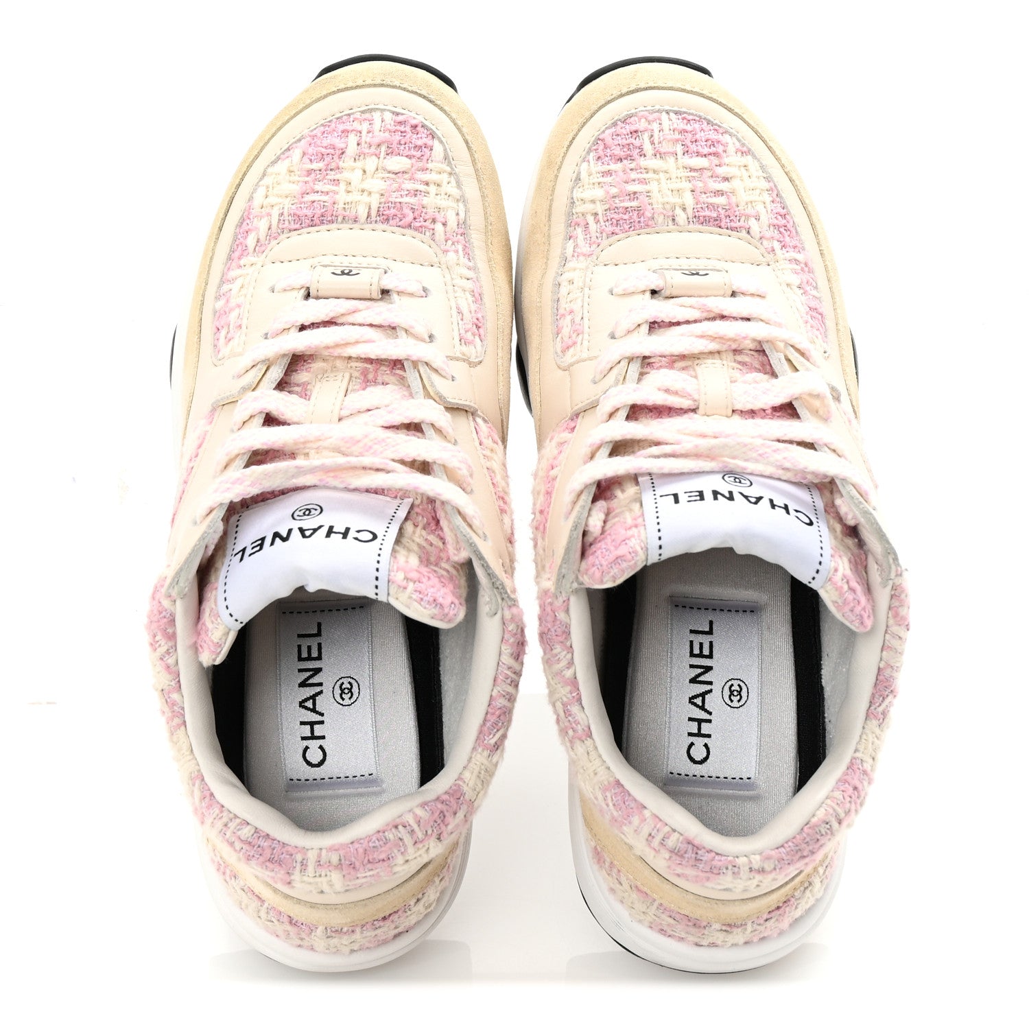 Chanel Tweed Suede Calfskin Womens CC Sneakers 35 Pink Ecru 2 of 9