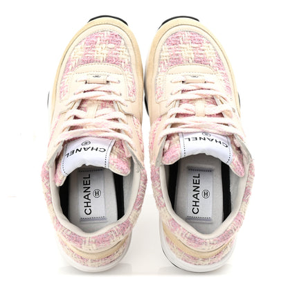 Chanel Tweed Suede Calfskin Womens CC Sneakers 35 Pink Ecru 2 of 9
