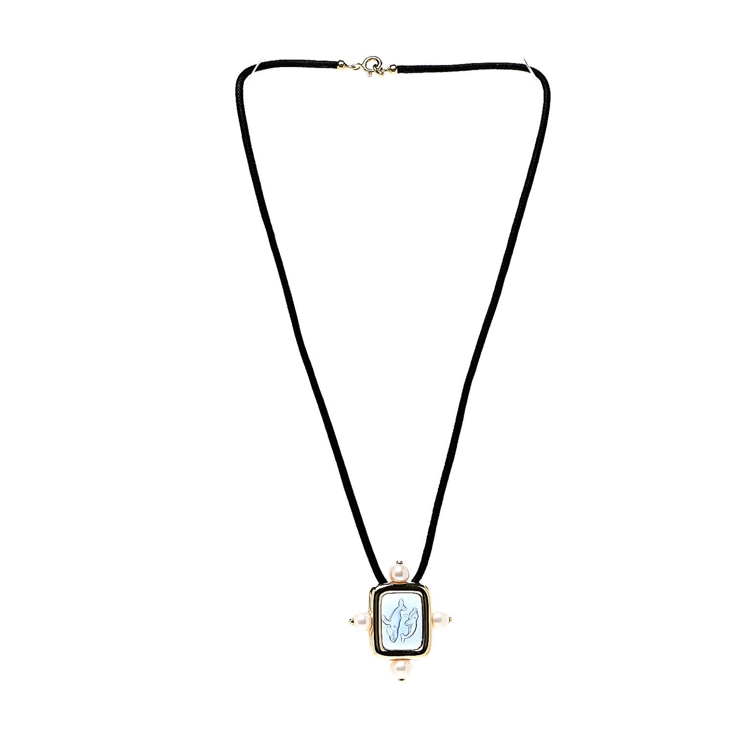 18K Yellow Gold Akoya Pearl Whale Intaglio Pendant Necklace
