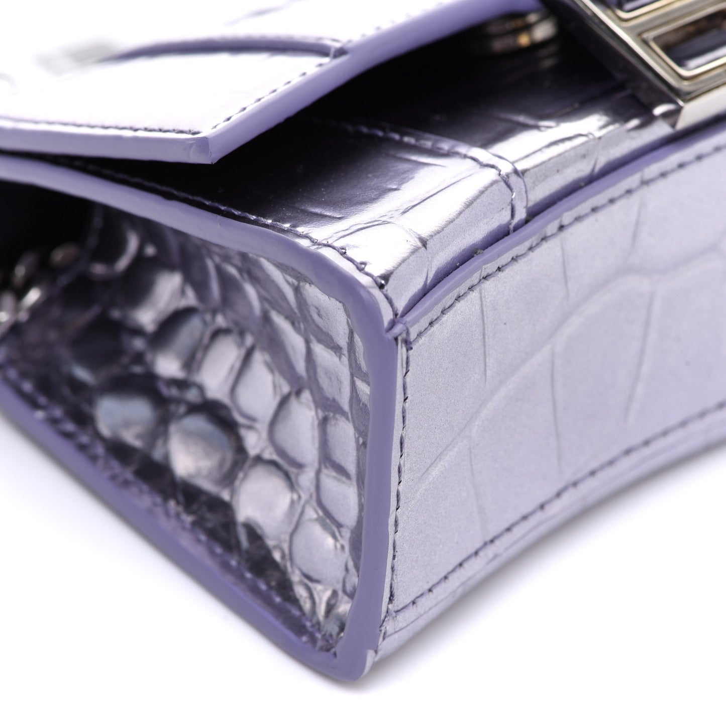 Metallic Calfskin Crocodile Embossed Hourglass Top Handle Bag Mini with Chain Lilac