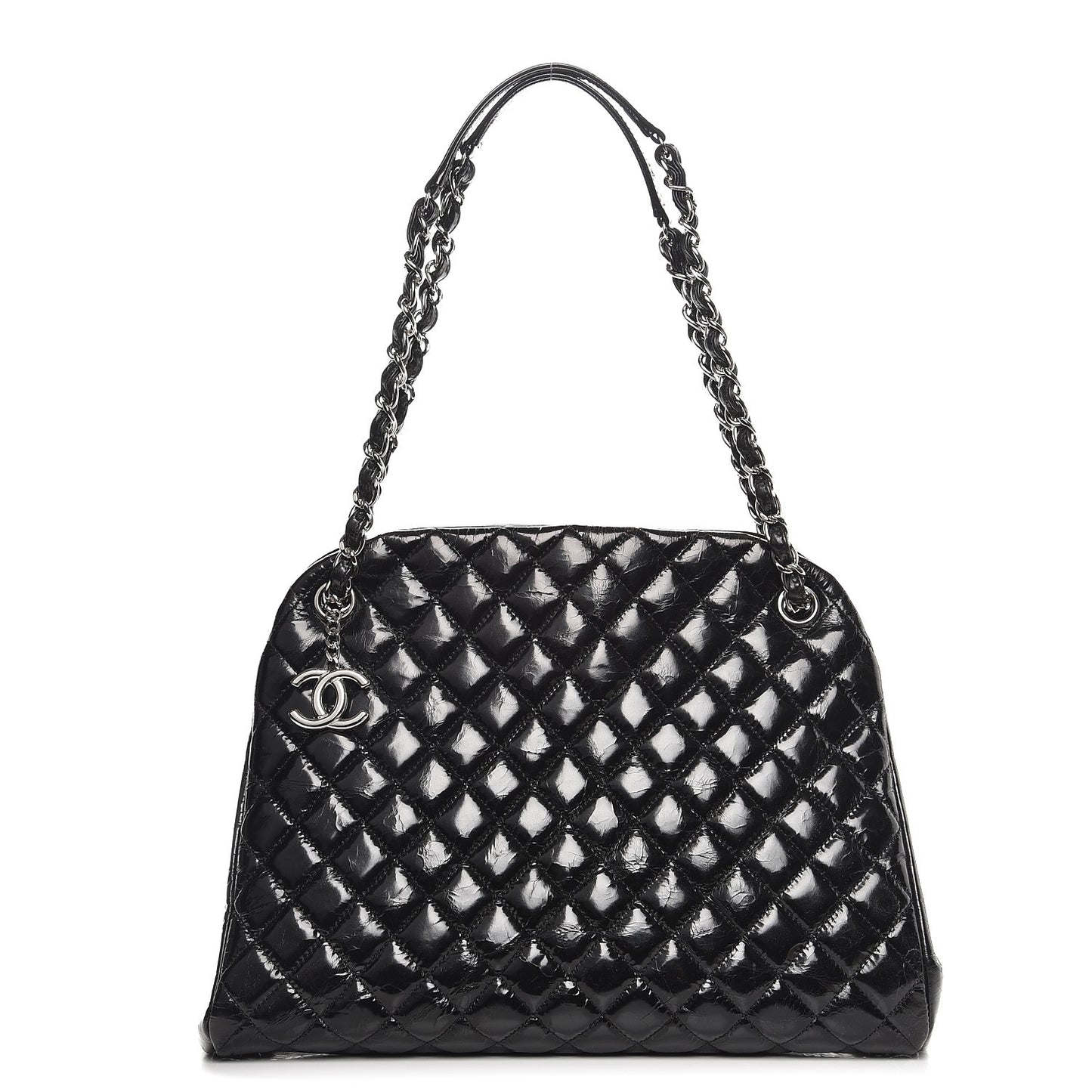 Glazed Calfskin Quilted Large Just Mademoiselle Bowling Bag Black
