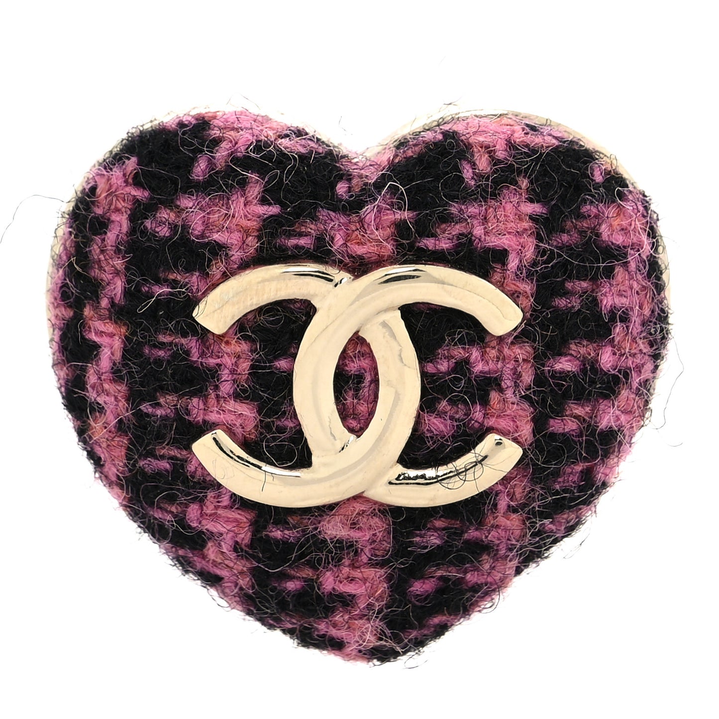 Tweed CC Heart Brooch Pink Black Gold