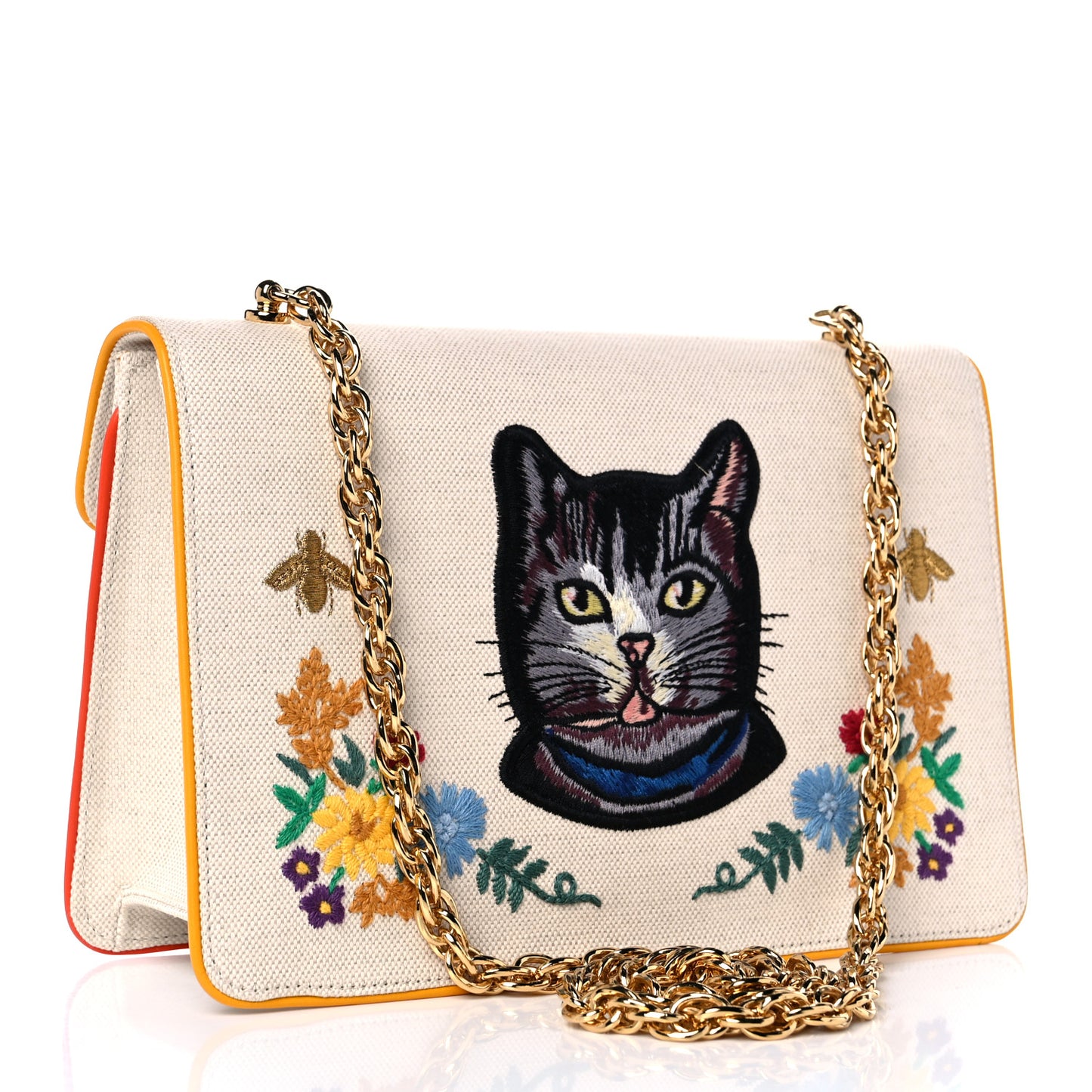 Linen Canvas Embroidered Small Shoulder Bag White