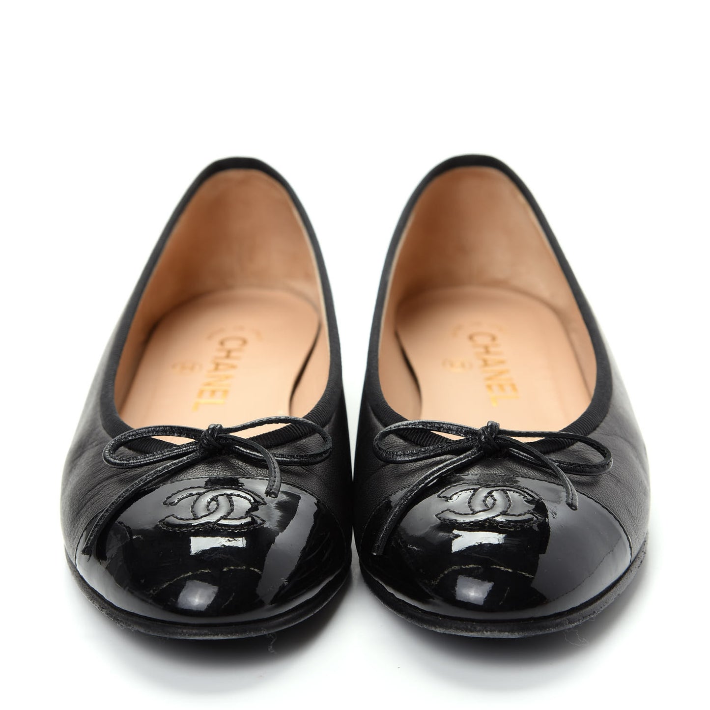 Lambskin Patent Cap Toe Ballerina Flats 38 Black