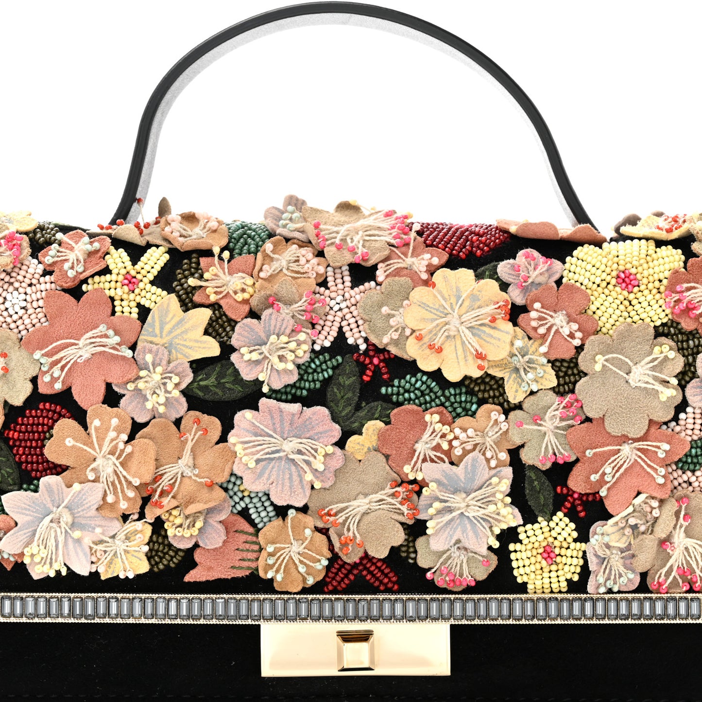 Velvet Crystal Flower Embellished Top Handle Clutch Black Multicolor