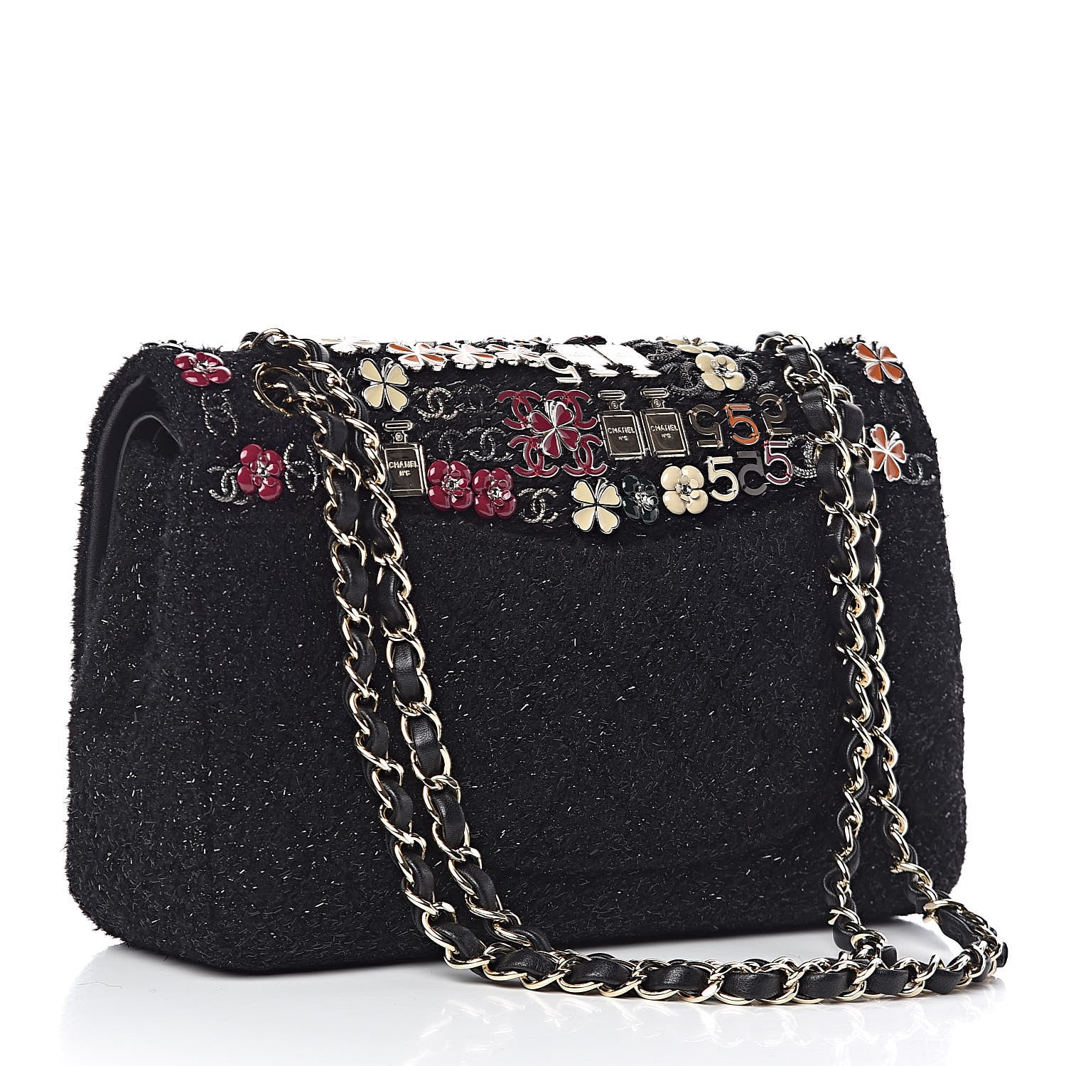 Chanel Tweed Lambskin Charms Embroidered Medium Double Flap Black 3 of 19