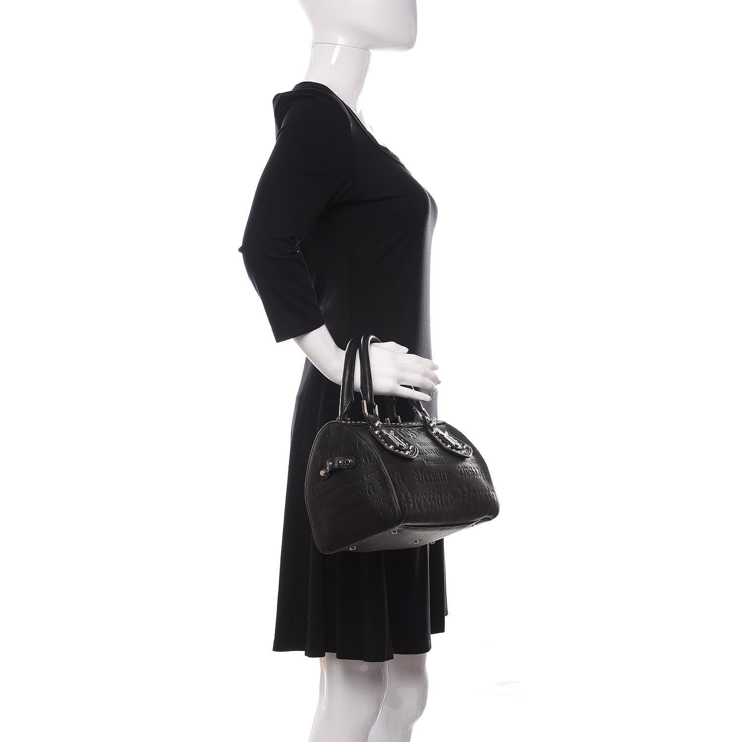 Versace Calfskin Studded Logo Embossed Satchel Black 2 of 9