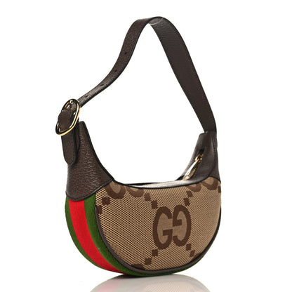 Gucci Monogram Jumbo GG Textured Dollar Calfskin Web Mini Ophidia Half Moon Hobo Camel Ebony New Acero 3 of 9