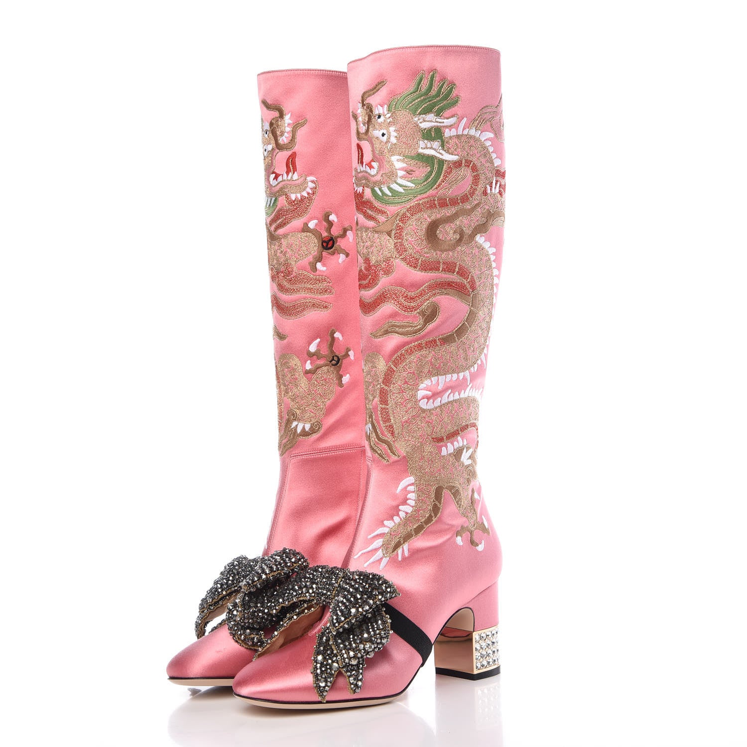 Gucci Silk Satin Malaga Kid Embroidered Candy Dragon Block-Heel Knee Boot 37 Glossy Pink 3 of 13