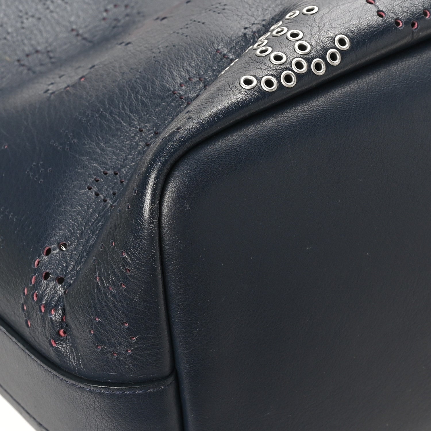 Chanel Calfskin Tweed Small Logo Eyelets Shopping Tote Navy Blue 11 of 15