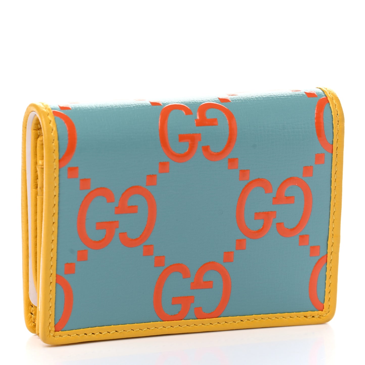 Azalea Calfskin GG Monogram Bi-Color Debossed Horsebit 1955 Card Case Wallet Dusty Azure Stone Topaz Deep Orange