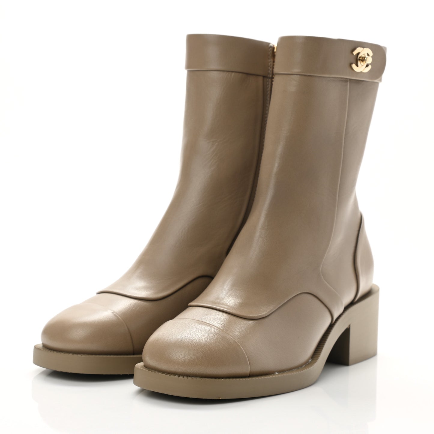 Shiny Goatskin Cap Toe Short Boots 35 Beige