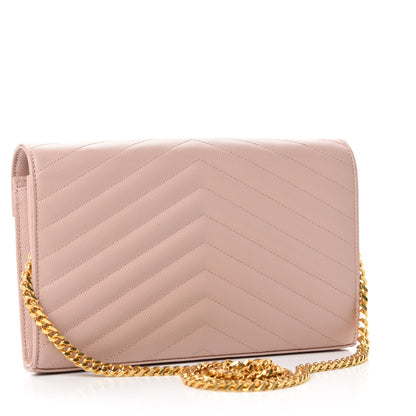 Saint Laurent Grain De Poudre Matelasse Chevron Monogram Chain Wallet Pale Blush 3 of 12