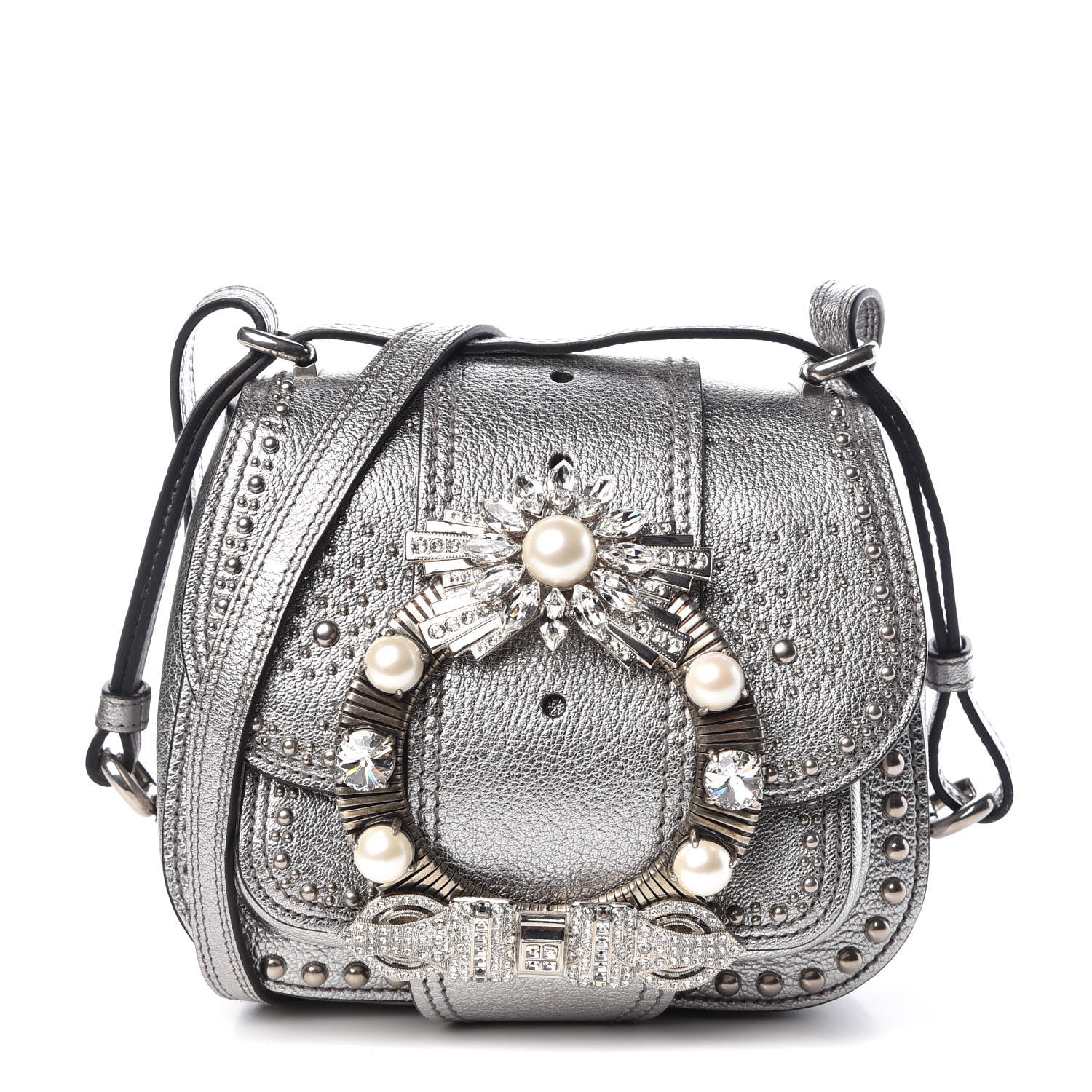 Miu Miu Goatskin Madras Soft Calfskin Crystal Embellished Dahlia Shoulder Bag Chrome 1 of 16