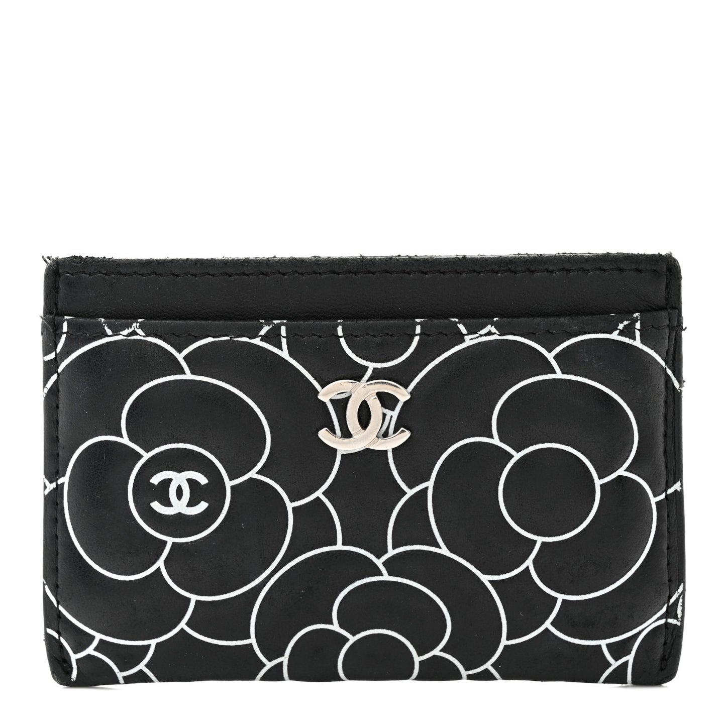 Lambskin Camellia Embossed Card Holder Black White
