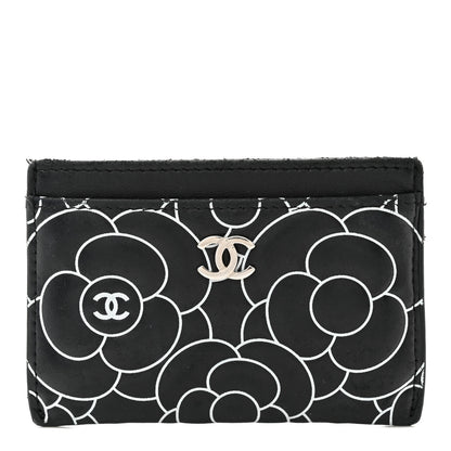 Chanel Lambskin Camellia Embossed Card Holder Black White 1 of 12