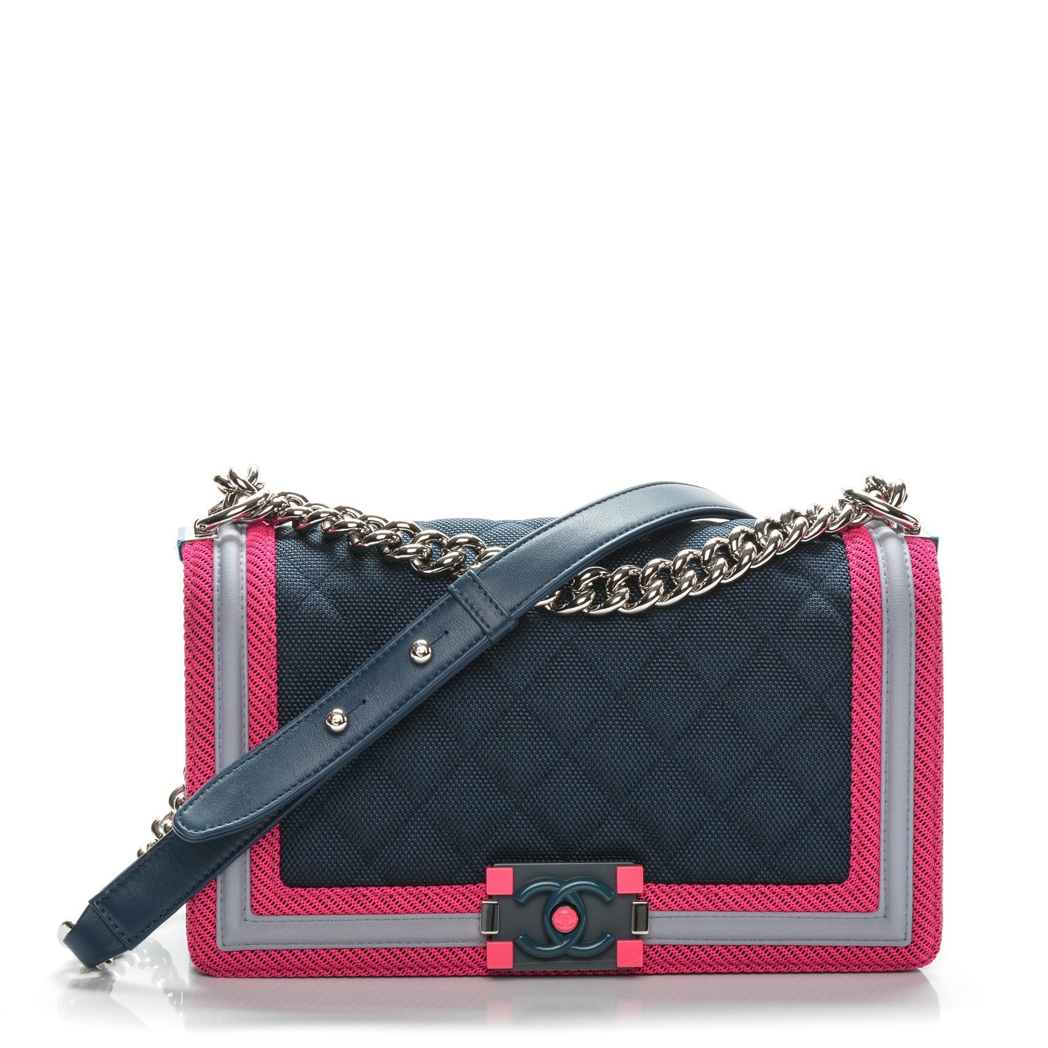 Chanel Canvas Quilted Medium Fluo Boy Flap Dark Navy Fuchsia Grey 1 of 7