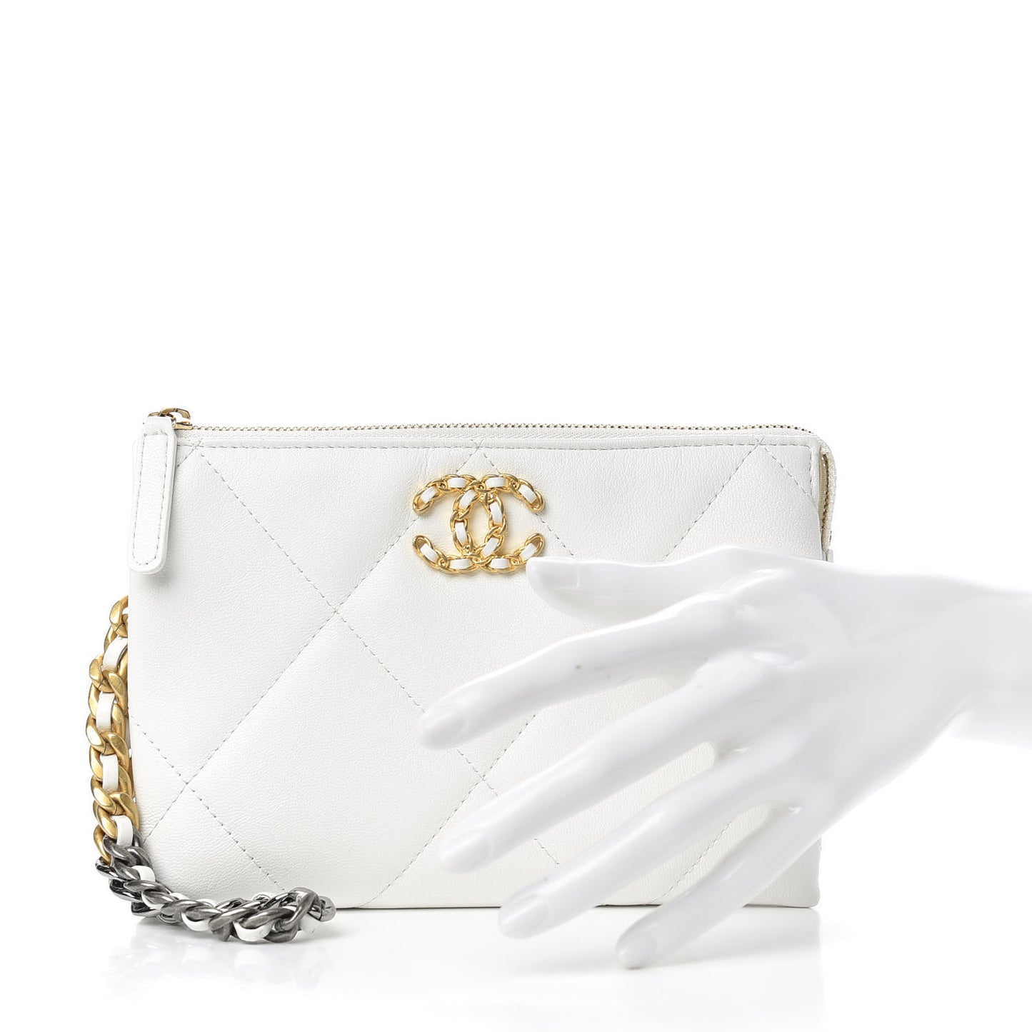 Shiny Goatskin Quilted Chanel 19 Small Pouch With Handle White