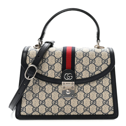 Gucci GG Supreme Monogram Textured Dollar Calfskin Web Small Ophidia Padlock Top Handle Bag Beige Blue 1 of 10