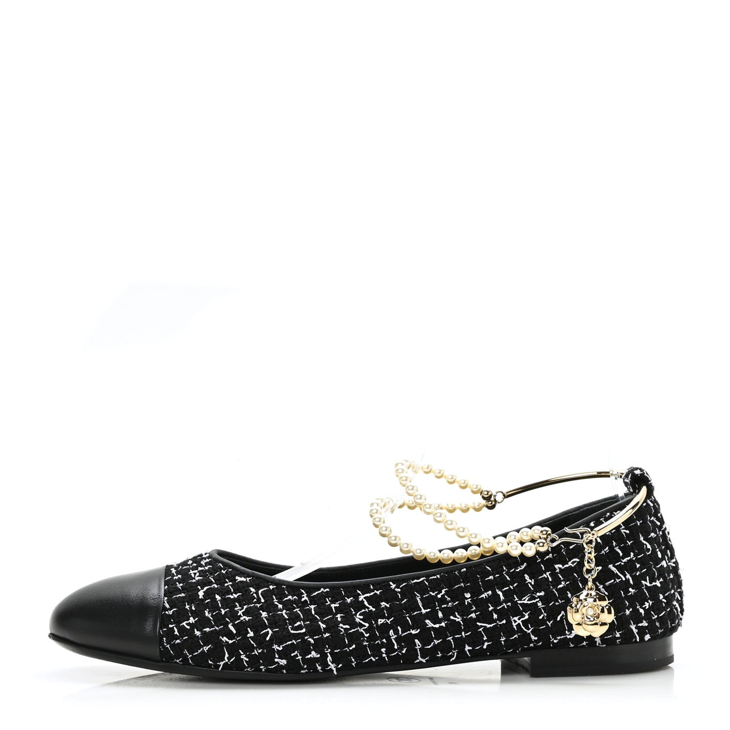 Tweed Lambskin Cap Toe Ankle Chain Ballerina Flats 41 Black White