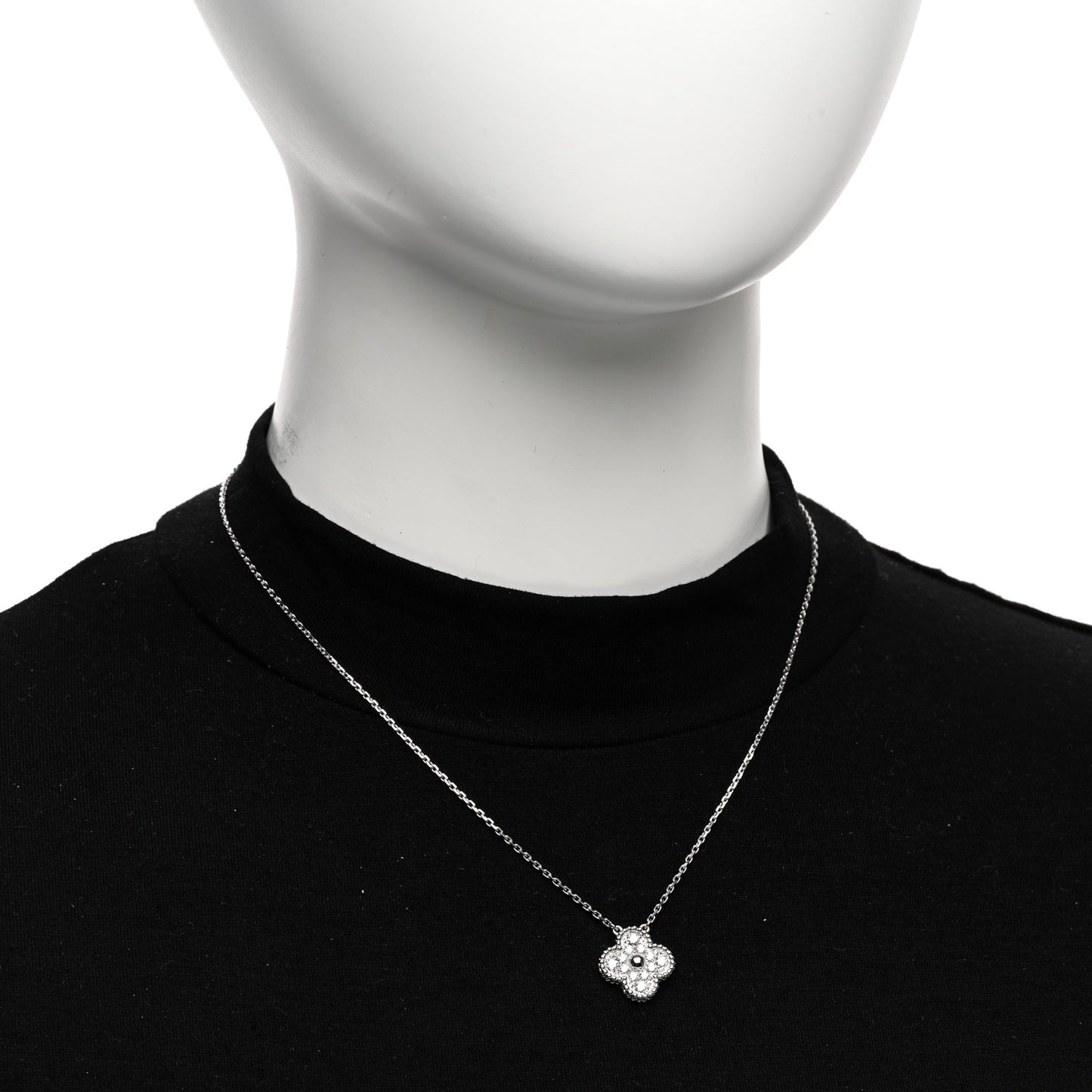 18K White Gold Diamond Vintage Alhambra Pendant Necklace