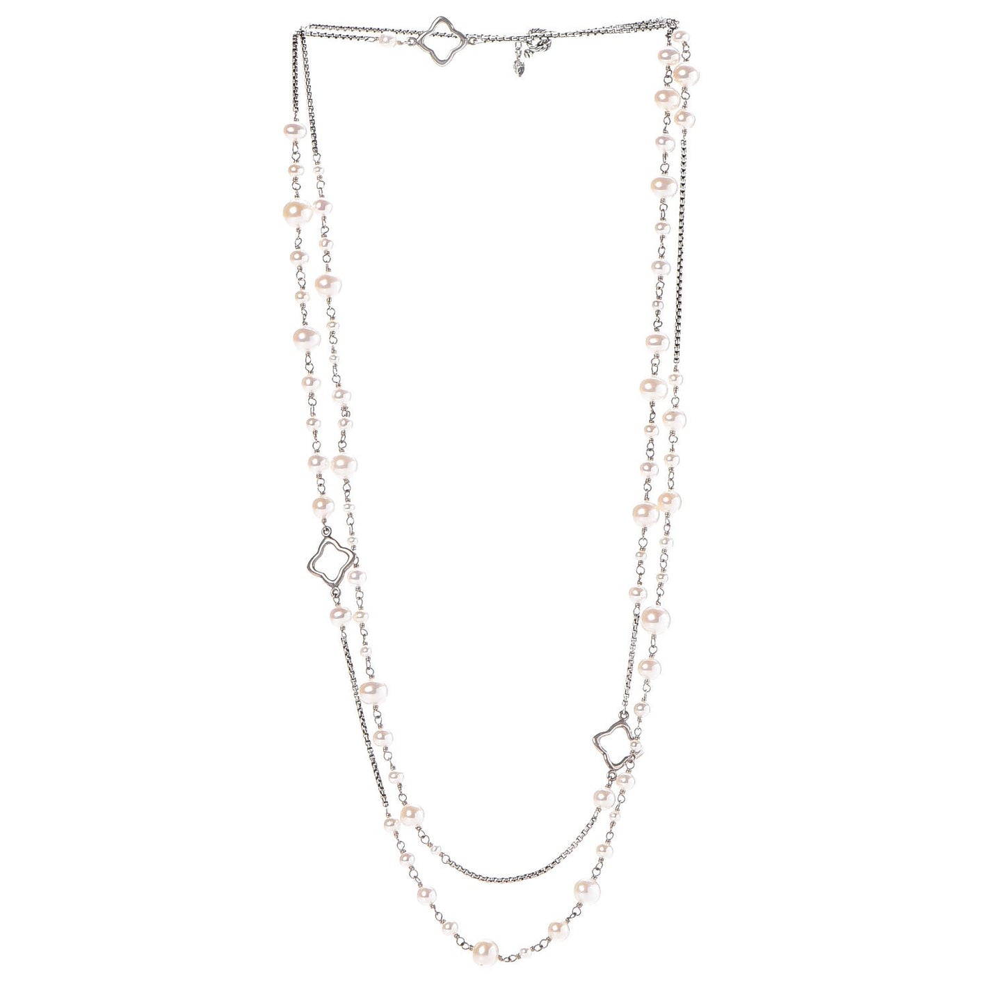 Sterling Silver Pearl 7.5mm Quatrefoil Long Chain Necklace
