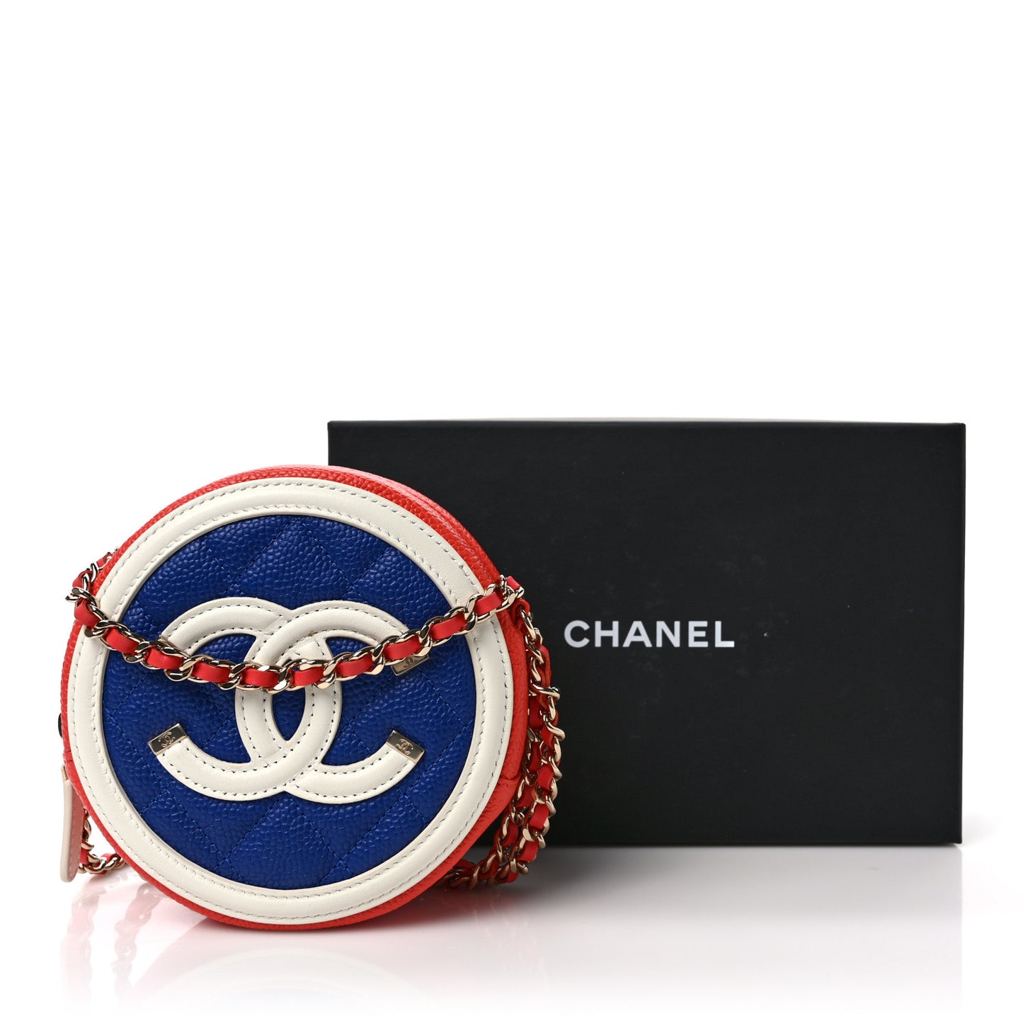 Caviar Quilted Round Filigree Crossbody Blue White Red