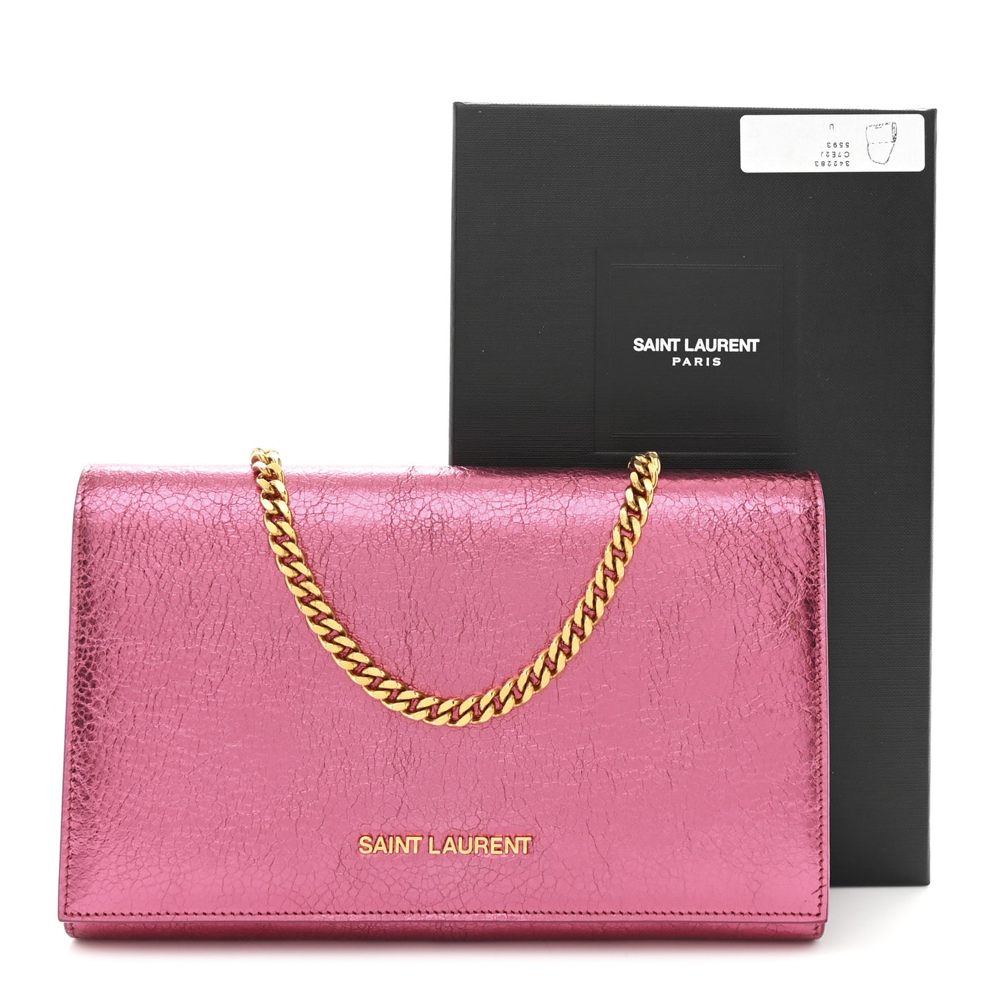Metallic Grained Calfskin Classic Letters Chain Wallet New Pink