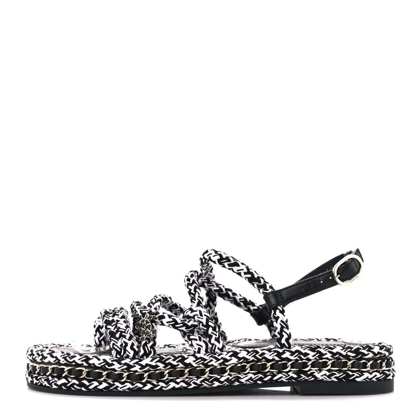 Cord Lambskin Quilted Logo Sandals 38 Black White