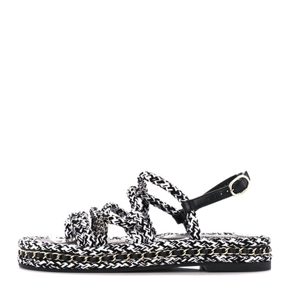 Chanel Cord Lambskin Quilted Logo Sandals 38 Black White 1 of 8