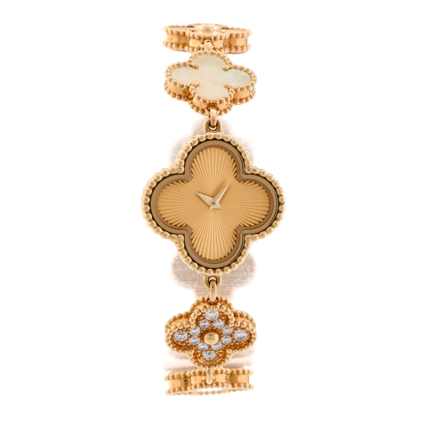 18K Yellow Gold Diamond Mother of Pearl 23mm Alhambra Guilloche Quartz Watch