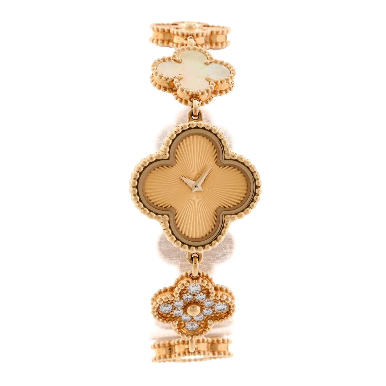 Van Cleef & Arpels 18K Yellow Gold Diamond Mother of Pearl 23mm Alhambra Guilloche Quartz Watch 1 of 5