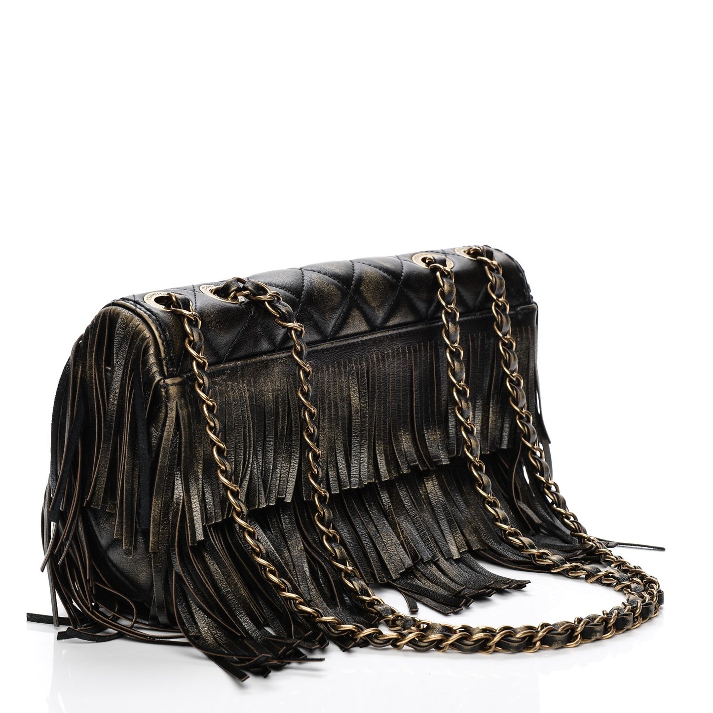 Metallic Calfskin Quilted Large Into The Fringe Flap Black