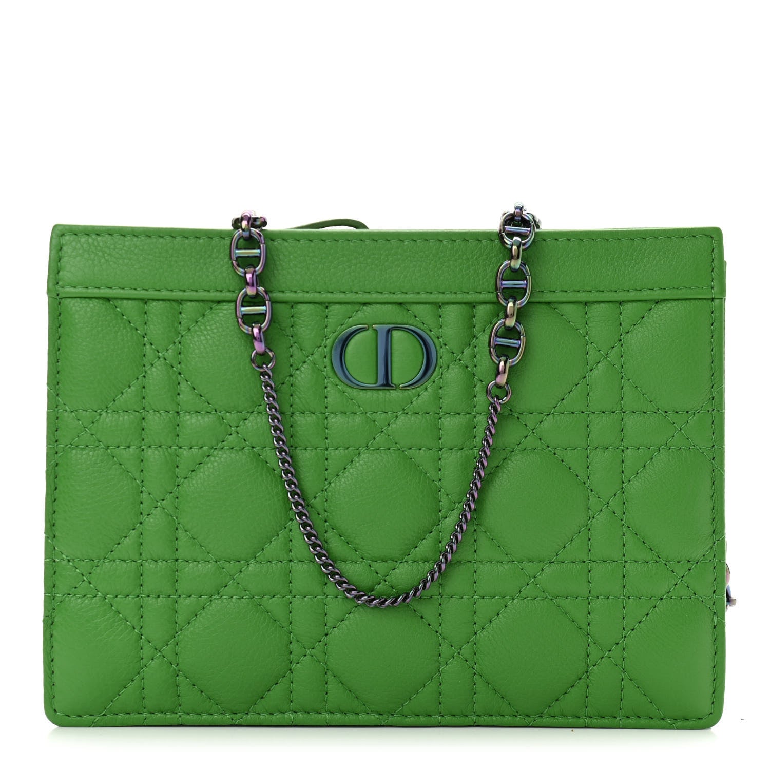 Christian Dior Calfskin Cannage Caro Zipped Pouch With Chain Bright Green 1 of 9