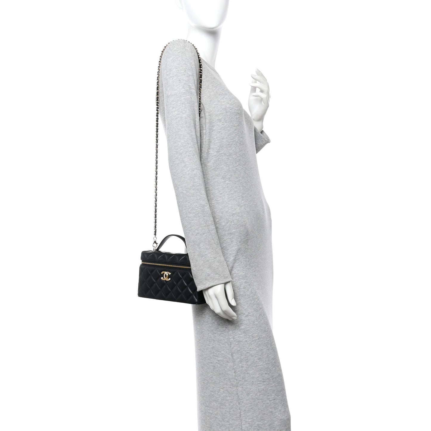 Lambskin Quilted Crystal Ridged CC Top Handle Slim Vanity Case With Chain Black