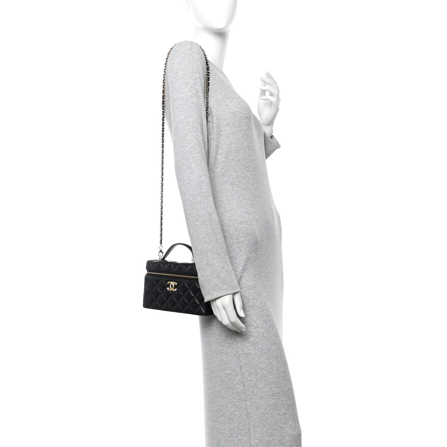 Chanel Lambskin Quilted Crystal Ridged CC Top Handle Slim Vanity Case With Chain Black 2 of 11