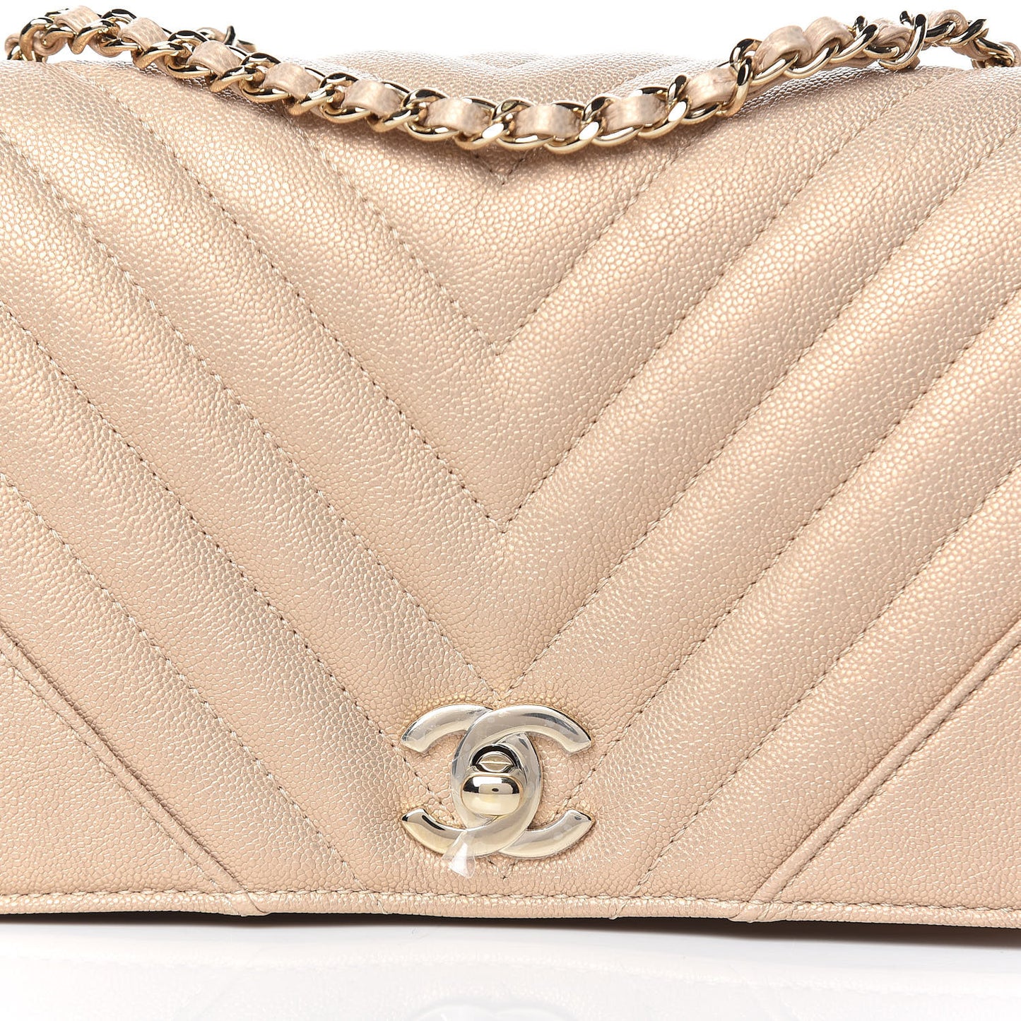 Metallic Caviar Chevron Quilted Mini Statement Flap Beige