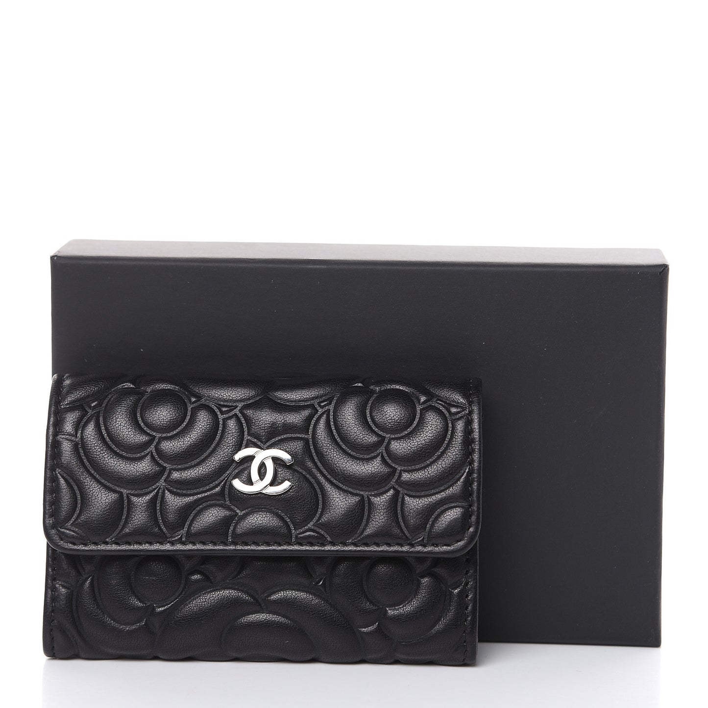 Goatskin Camellia Embossed Flap Card Holder Wallet Black